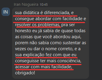 Print do Iran Nogueira: já sabia quase tudo do que foi abordado, mas não sabia sustentar nem nomear; a explicação trouxe mais consciência e acesso mais fácil