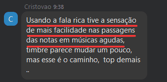Print do Cristóvão: sentiu mais facilidade nas passagens das notas em músicas agudas