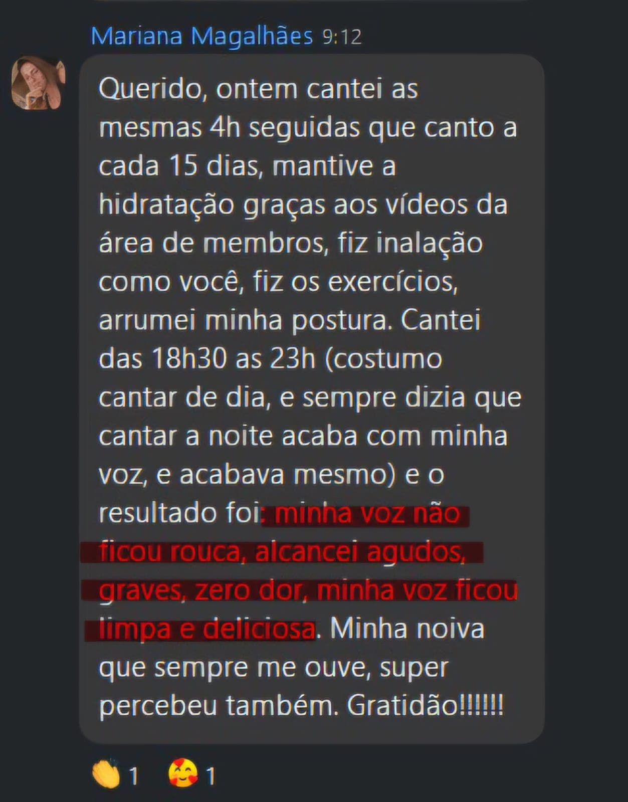 Print da Mariana Magalhães: cantou 4 horas seguidas à noite e a voz não ficou rouca, alcançou agudos e graves com zero dor
