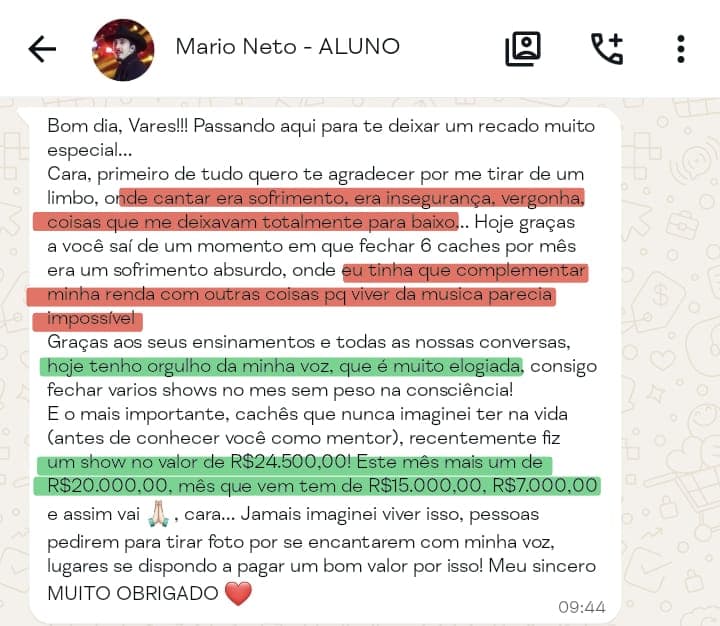 Print do Mário Neto: saiu de fechar 6 cachês por mês sofrendo para shows de R$24.500, R$20.000 e mais, com orgulho da própria voz