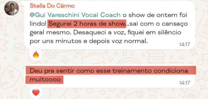 Print da Stella do Carmo: segurou 2 horas de show, desaqueceu a voz e ela voltou ao normal — o treinamento condiciona muito