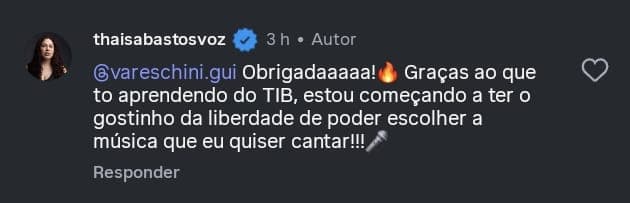Print da Thais Bastos: está começando a ter o gostinho da liberdade de escolher a música que quiser cantar