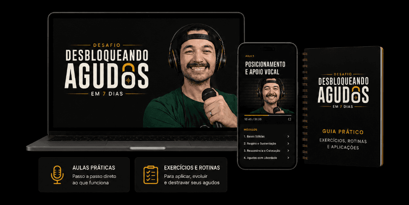Mockup do Desbloqueando Agudos em 7 Dias: aulas no notebook e celular, guia prático de exercícios e rotinas